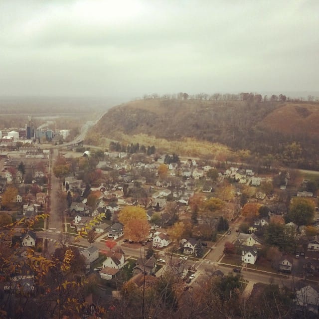 The town of Red Wing with Barn Bluff and the Mississippi in the background.